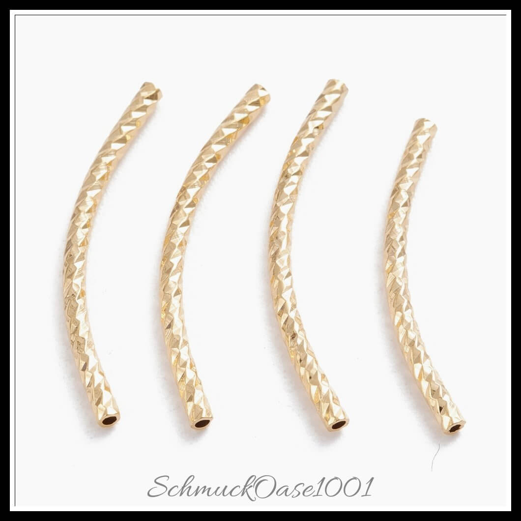Messingrohrperlen – tube / 25x1.5 mm – 18 stück, in der farbe messing, gebogen, langlebig plattiert, echtes 24k vergoldet, perfekt für die herstellung individueller ketten und armbänder
