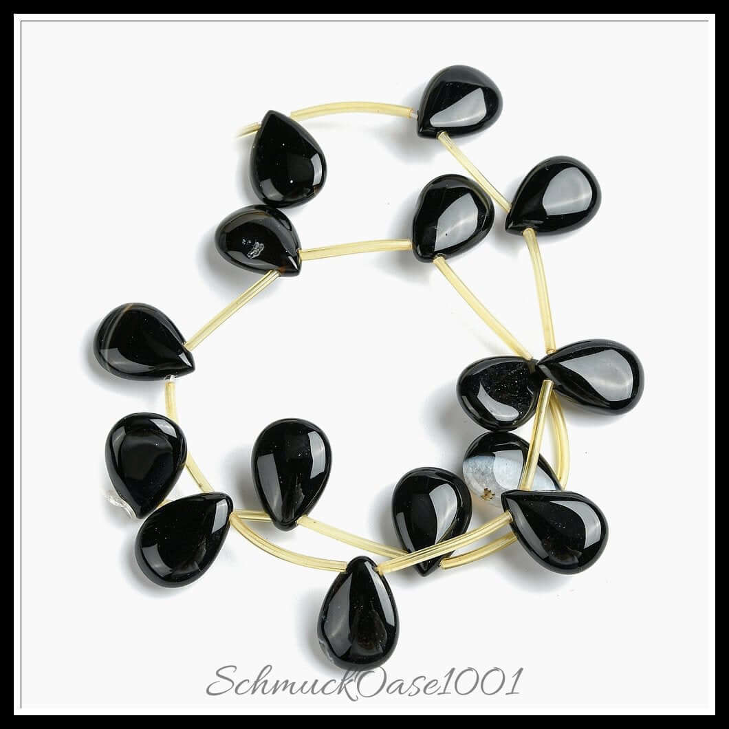 Natursteinperlenstränge – schwarzer onyx träne / 18x13x6 mm / 1 strang, aus onyx / träne, oben gebohrt, gefärbt, erhitzt in der farbe schwarz und größe 18x13x6 mm, loch: 1.5 mm, ca. 16 stück / 15.5" / 1 strang, ausdrucksstark und ideal für auffällige designs