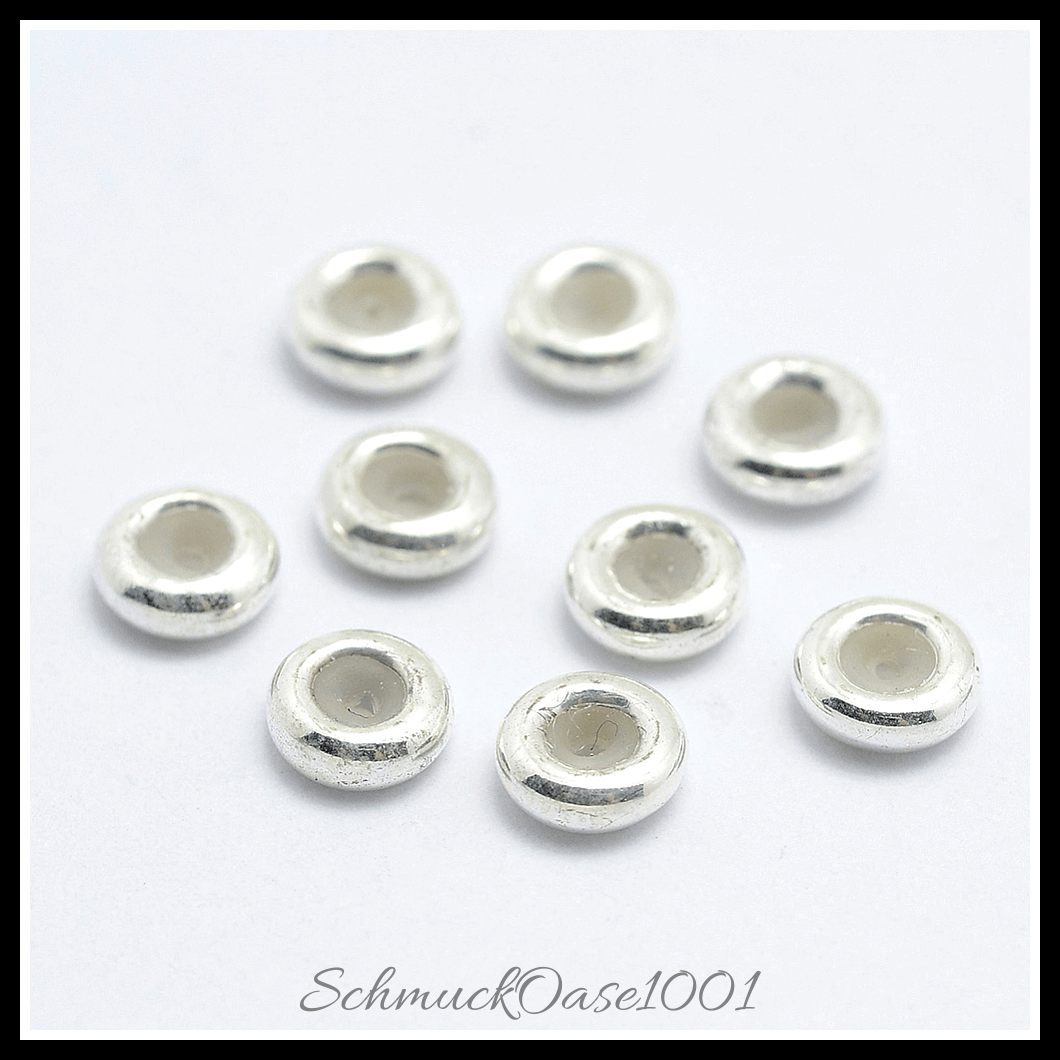 925 sterling silber schieberegler perlen mit gummi – verschiedene farben (10 stk.), aus 925 sterling silber / mit gummi / rondell / schieberegler in der farbe echt 18k vergoldet und größe 5x2 mm, bohrung: 1 mm
