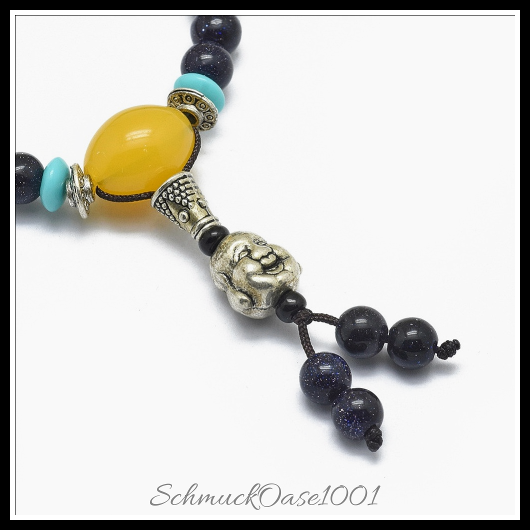 Luxuriöses synthese-goldstein wickelarmband – buddhismus schmuck, 4-schleifen-design, mischfarbe, aus mischfarbe in der farbe synthese-goldstein, legierung, acryl / stilvoll, vielseitig einsetzbar als wickelarmband oder perlenkette und größe 28.34 zoll (72 cm), 6 mm