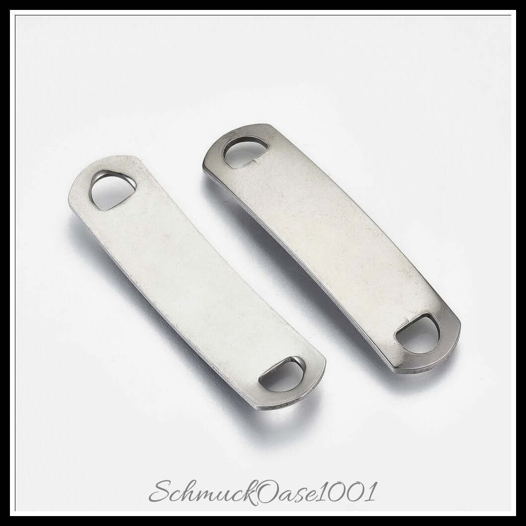 201 edelstahl verbindungsstecker – rechteck oval / 39x10x3.5 mm / 4 stück, aus edelstahl 201 / rechteck oval, stempelbar in der farbe edelstahl farbe und größe 39x10x3.5 mm, loch: 5x3.5 mm / 4 st.