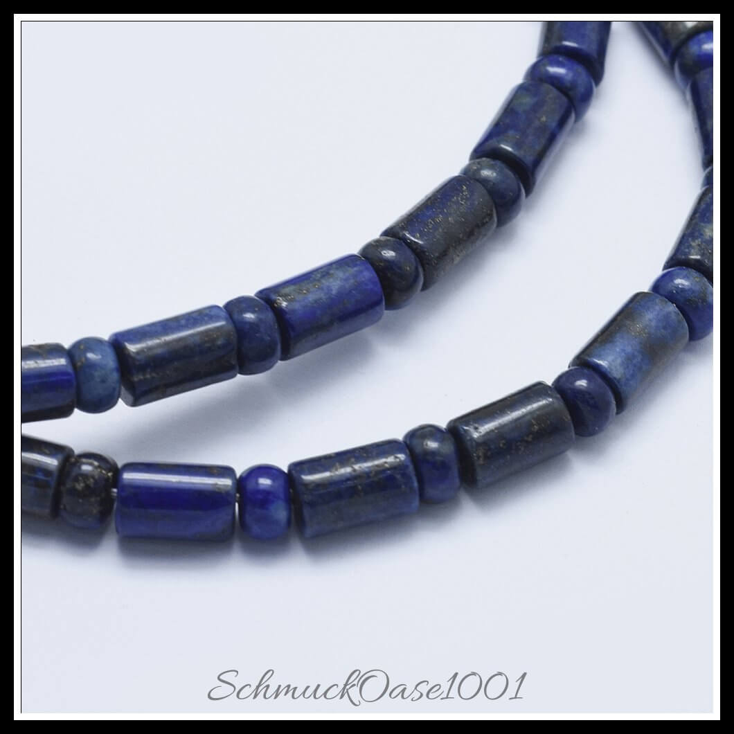 Naturperlenstrang lapislazuli – kolumne & flachrund / 9x6 mm & 6x3.5 mm / 1 strang, aus naturstein / lapislazuli, gefärbt, kolumne, flachrund in der farbe dunkelblau und größe 15.94" (40.5 cm), ca. 31 stück / loch: 1 mm / 1 strang, ausdrucksstark und ideal für auffällige designs