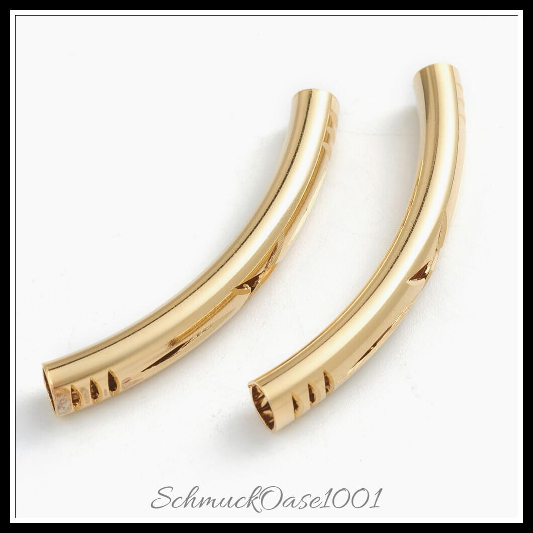 Messingrohrperlen – hohlrohr mit schmetterling / 39x5.5x4 mm / 4 stück, aus messing / hohl, schmetterling, 24k vergoldet in der farbe gold und größe 39x5.5x4 mm, loch: 4.5x3.5 mm / 4 st.
