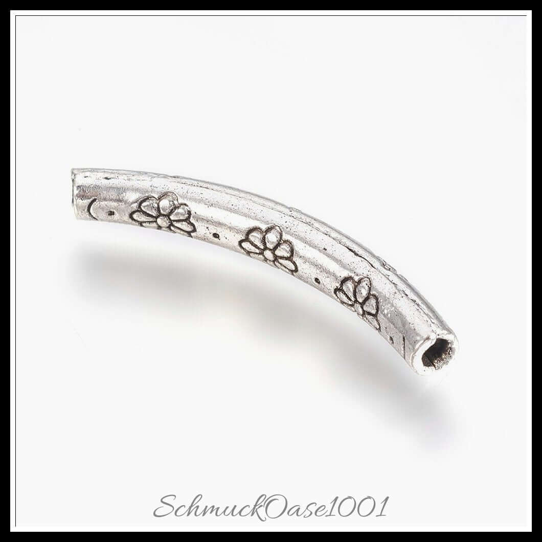 Tibetische legierungsperlen – rohr / 32x4 mm / 10 stück, aus legierung / tibetisch, rohr, antik silber in der farbe antik silber und größe 32x4 mm, loch: 2 mm / 10 st.