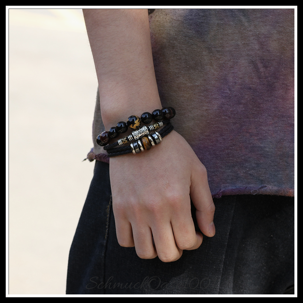 Lederarmband mit edelstein & hämatit – multi-strang stil-8-1/8 zoll (20.5 cm), 13 mm, aus mischfarbe in der farbe leder, multi-strang, verschiedene edelsteine, synthetischer hämatit, edelstahlverschluss und größe 8-1/8 zoll (20.5 cm), 13 mm