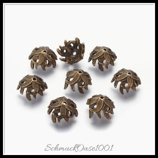 Tibetische perlenkappen & kegel – blume / 10x15x15 mm / 30 stück, in der farbe antik bronze