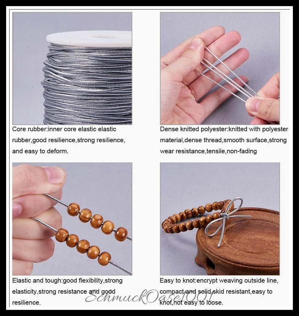 Elastische kordel – polyester außen, gummi innen – 1 rolle / ø1–2 mm – silber, zusätzliches detailbild