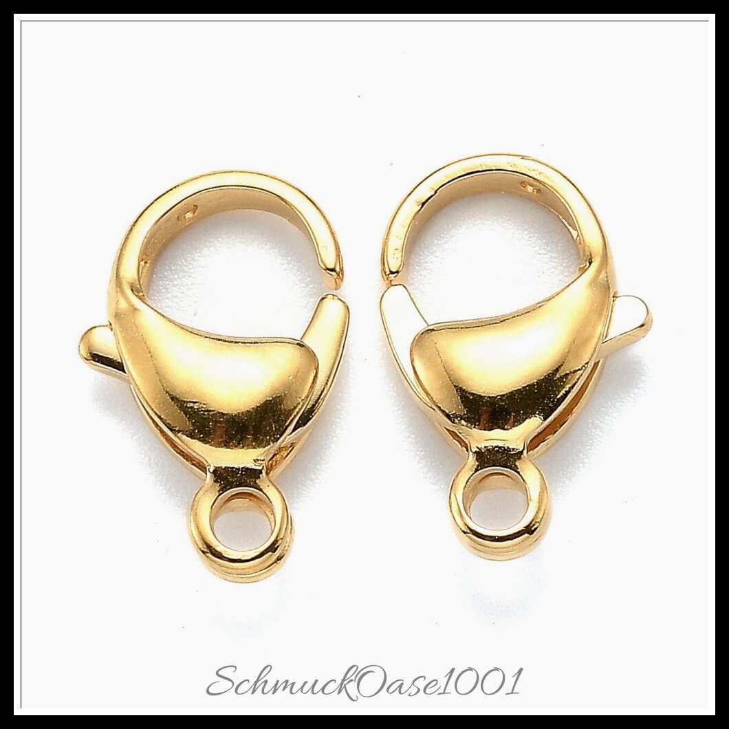 2-farbige edelstahl karabiner – 16x10.5x4.7 mm / 24 stück (gemischt), aus edelstahl 304 / karabiner, 2-farbig, vergoldet in der farbe gold & edelstahl farbe und größe 16x10.5x4.7 mm, loch: 2.2 mm / 12 stück je farbe, perfekt für die herstellung individueller ketten und armbänder
