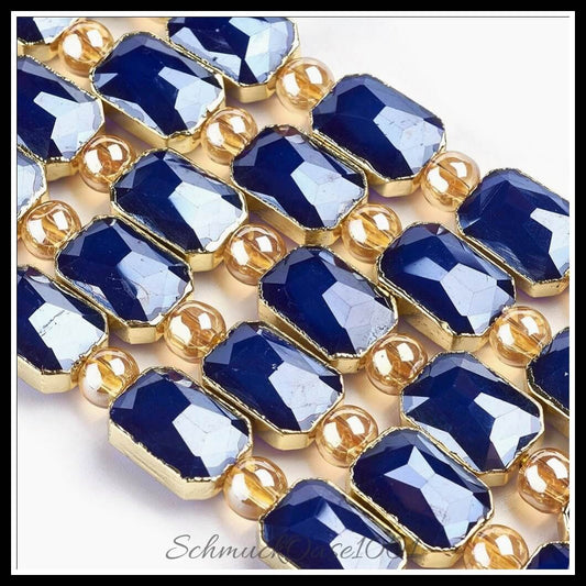 Glasperlenstränge mit brass-fassung – rechteck pearl luster / 14–14.5x10x6.5–7 mm – 1 strang, in der farbe glas, pearl luster, facettiert, rechteck, mit goldfarbener messingfassung, ausdrucksstark und ideal für auffällige designs