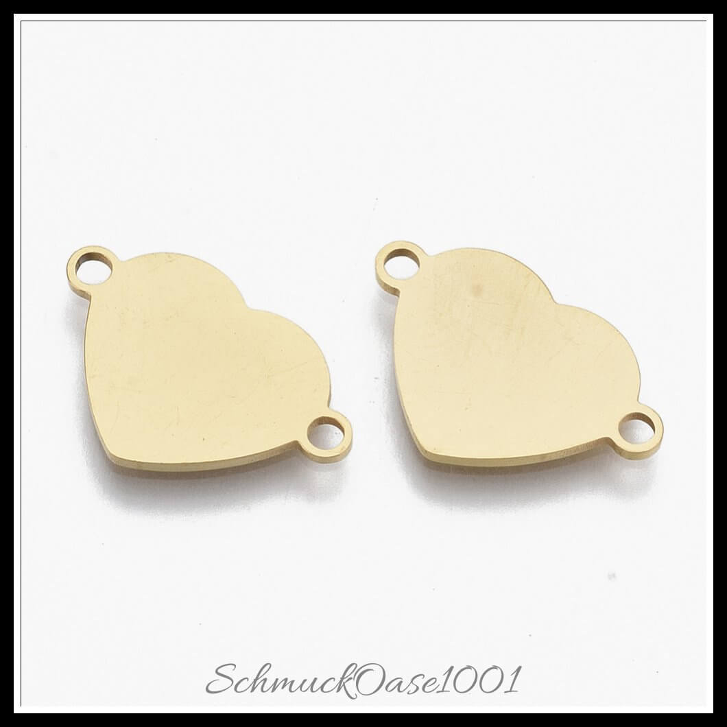 201 edelstahl verbindungsstecker – herz laserschnitt / 12x18.5x1 mm / 10 stück, aus edelstahl 201 / herz, laserschnitt, stempelbar in der farbe gold und größe 12x18.5x1 mm, loch: 1.8 mm / 10 st.
