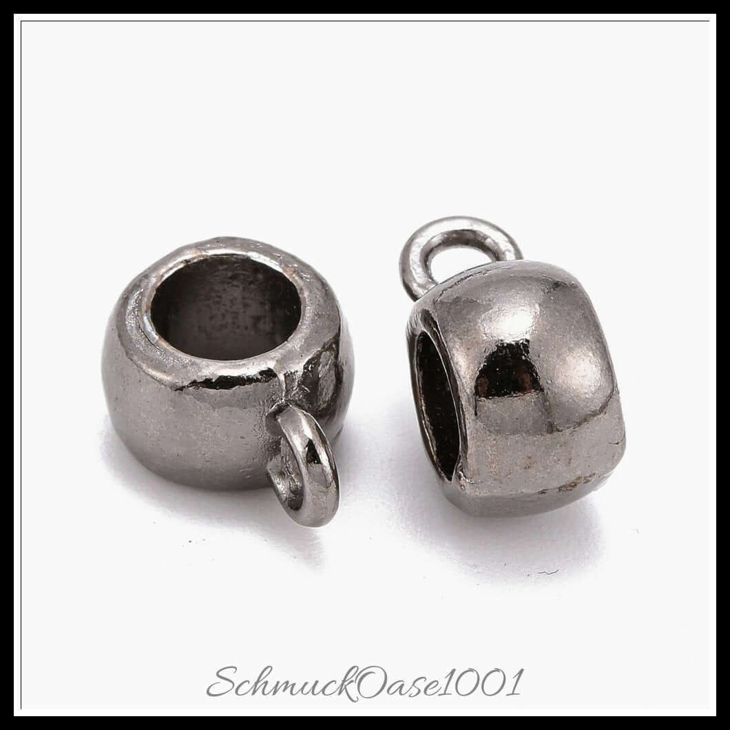 Tibetische bail beads – barrel / 11.5x8x5.5 mm / 16 stück, aus legierung / tibetisch, barrel, cadmiumfrei, nickelfrei, bleifrei in der farbe gunmetal und größe 11.5x8x5.5 mm, innendurchmesser: 4.8 mm, loch: 2 mm / 16 st.