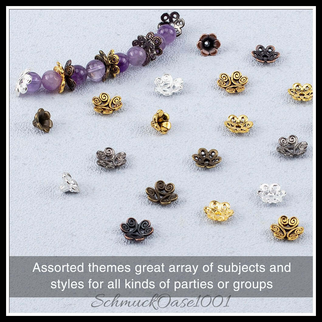Tibetische legierungs-endkappen – 6 farben / 50 stück, aus legierung / endkappen, tibetisch, mischfarben in der farbe mix und größe 6 farben, für armband/halskette/ohrring / 50 st.