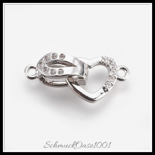 Messing-klammern mikro pflastern zirkonia, herz, echt platiniert – 2 sets in den farben messing, mikro pflastern, zirkonia, herz, echt platiniert, perfekt für die herstellung individueller ketten und armbänder