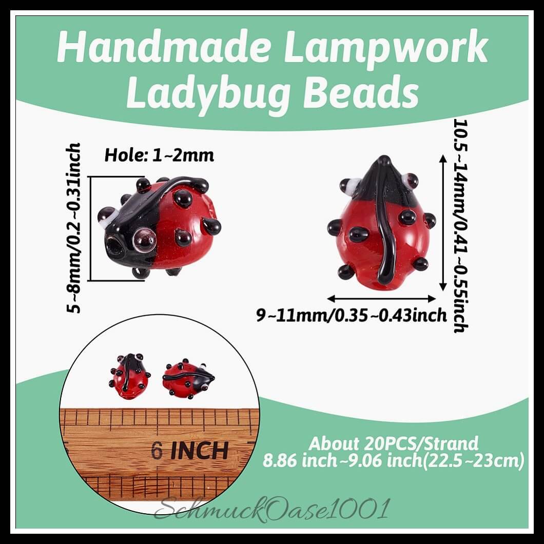 Handgemachte lampwork perlen – marienkäfer / 12–14x9–10x5–6 mm / 1 strang, aus lampwork / handgemacht, marienkäfer in der farbe rot und größe 12–14x9–10x5–6 mm, loch: 1–2 mm / 1 strang, ausdrucksstark und ideal für auffällige designs