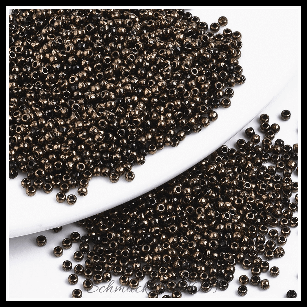 Toho runde rocailles – 11/0 – japanische rocailles – (1706) vergoldet – marmor schwarz – 20g, aus marmor schwarz in der farbe glas, toho, rund, 11/0, vergoldet, marmoriert und größe 11/0 2x1.5 mm, loch: 0.5 mm; 20 gramm