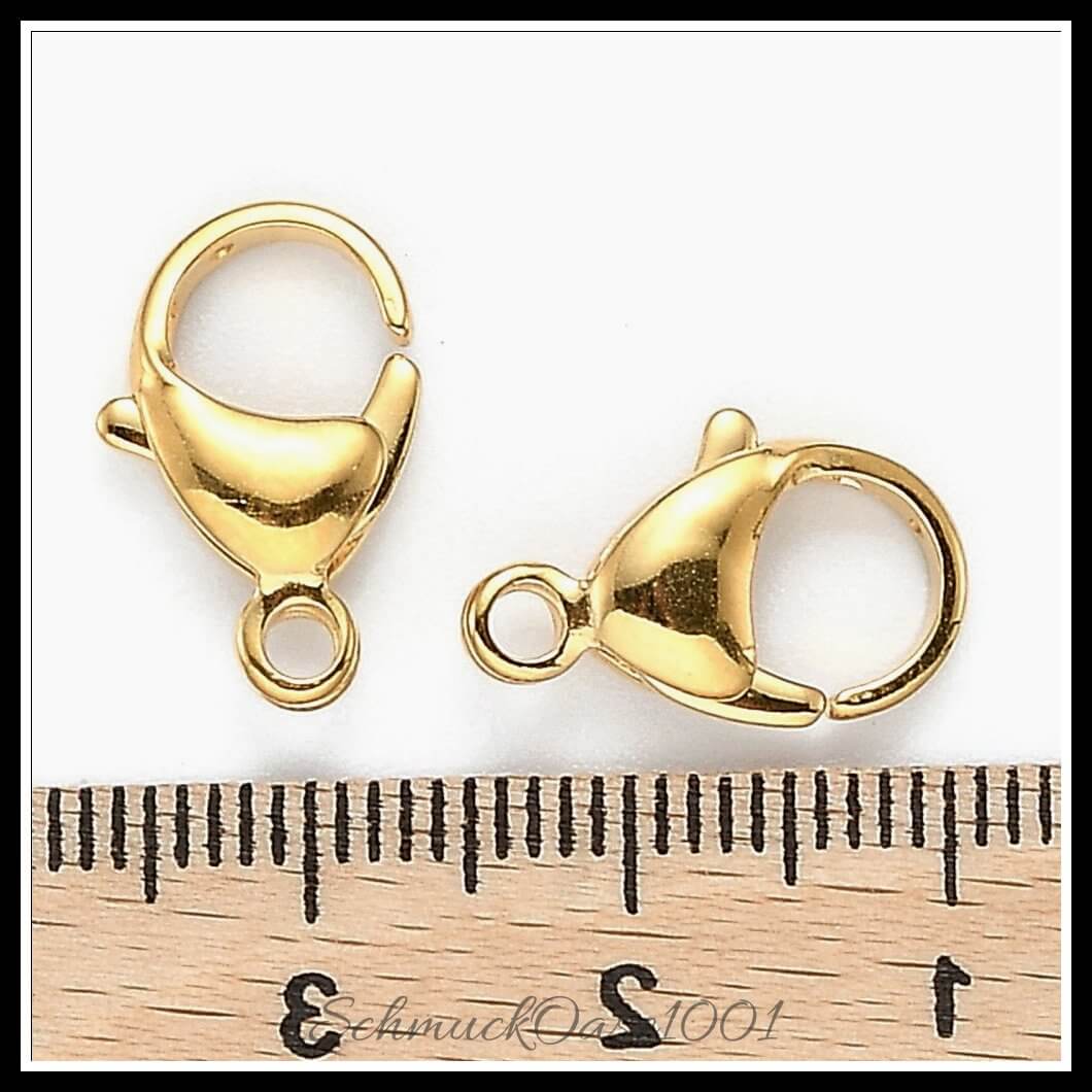2-farbige edelstahl karabiner – 16x10.5x4.7 mm / 24 stück (gemischt), aus edelstahl 304 / karabiner, 2-farbig, vergoldet in der farbe gold & edelstahl farbe und größe 16x10.5x4.7 mm, loch: 2.2 mm / 12 stück je farbe, perfekt für die herstellung individueller ketten und armbänder