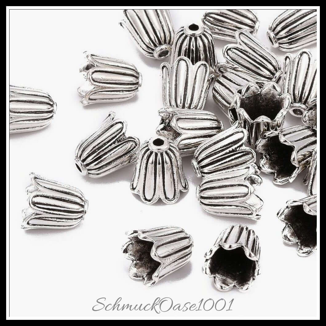 Tibetische perlenkappen – blume / 10x10 mm – 20 stück, in der farbe legierung, tibetischer stil, blume, bleifrei, cadmiumfrei, perfekt für die herstellung individueller ketten und armbänder