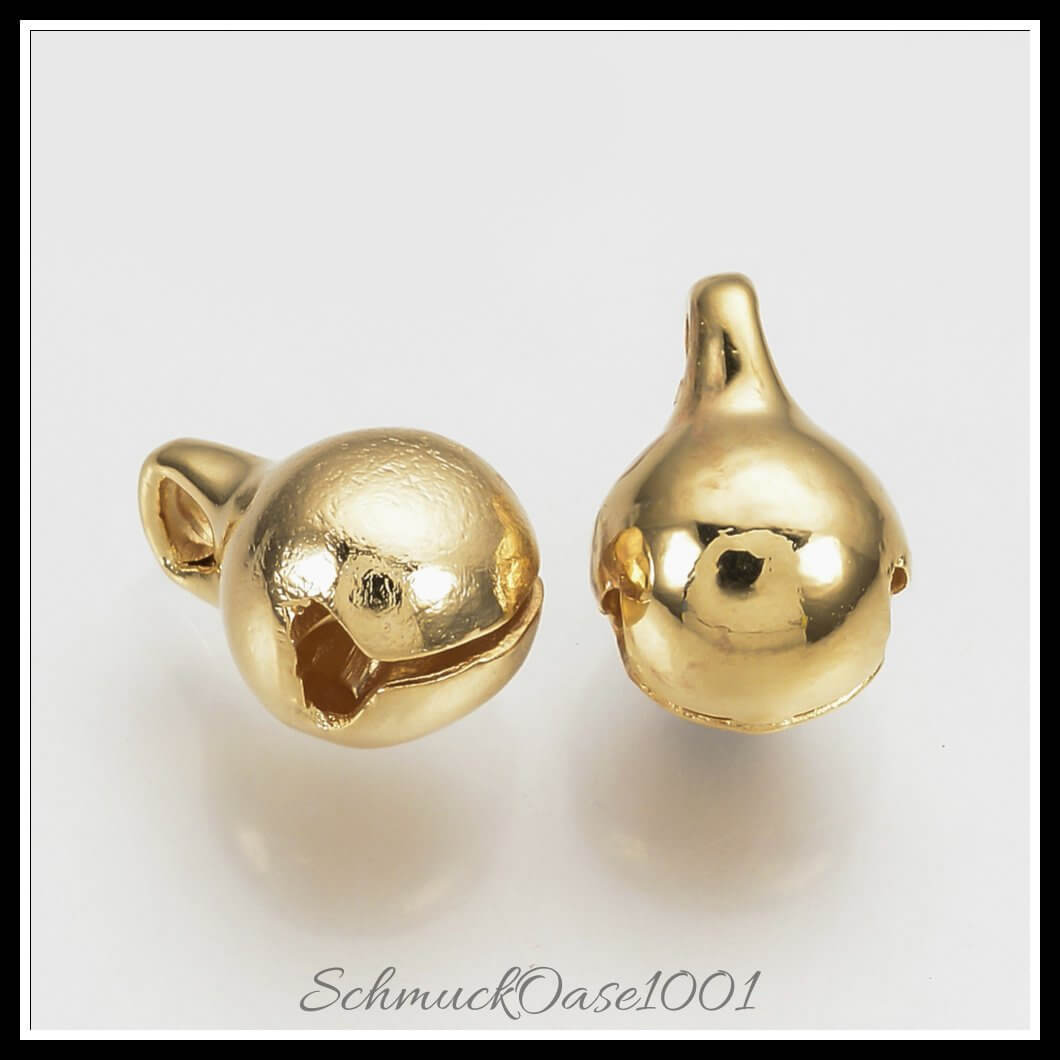 Messing glockencharms – rund / 13x10 mm / 10 stück, aus messing / glocke, rund, goldüberzogen in der farbe gold und größe 13x10 mm, loch: 2 mm / 10 st.