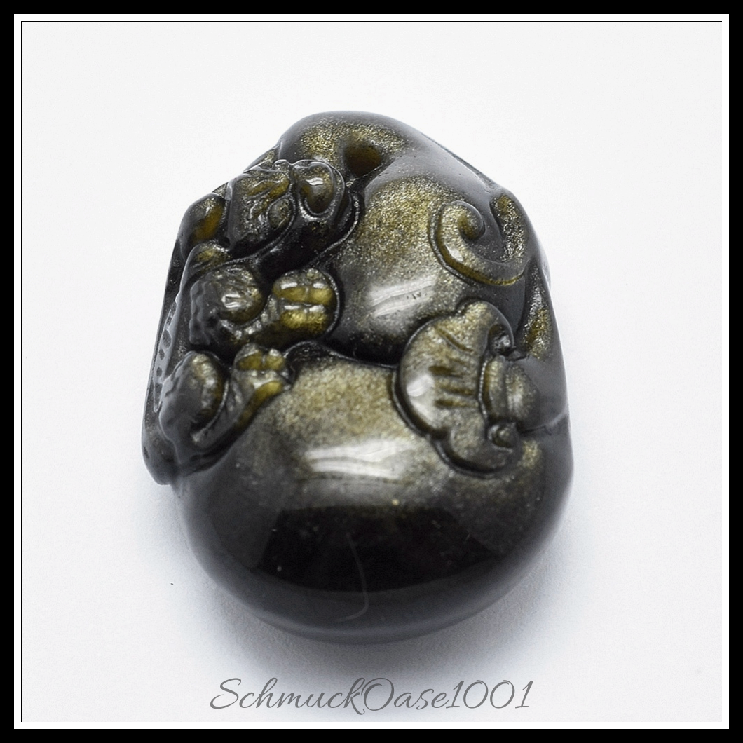 Natürliche goldene glanz obsidian anhänger, geschnitzt, pi xiu, 1 stk. in den farben goldener glanz obsidian