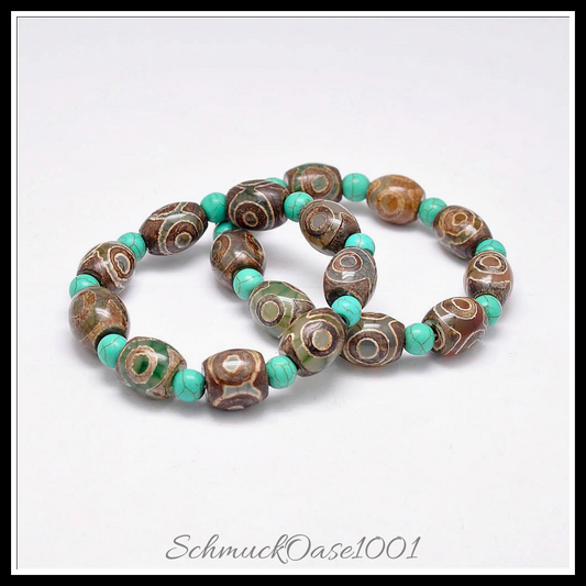 Tibetisches achat dzi-perlen-armband in türkis in den farben tibetischer stil, achat, gefärbt, dzi-perlen