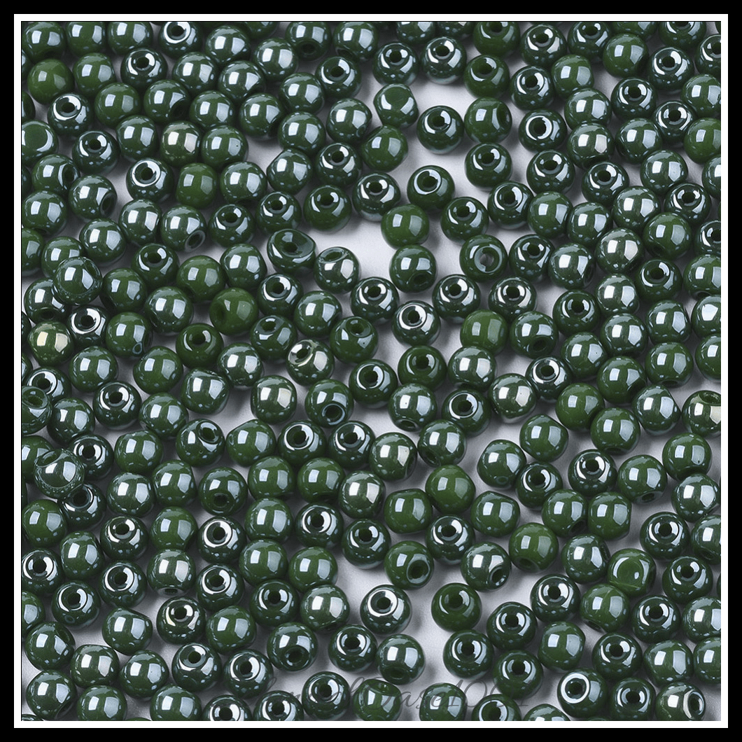 Undurchsichtige glasperlen – runde – dark khaki – glänzend – 40g, aus dark khaki in der farbe glas, undurchsichtig, glänzend, rund und größe 4x3 mm, loch: 1 mm; 40 gramm