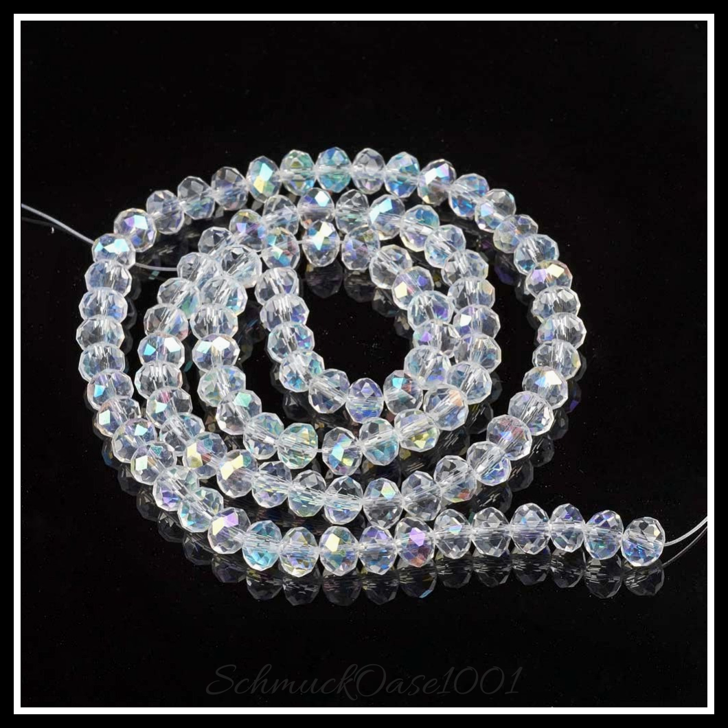 Galvanisierte glasperlen facettiert – transparent, 14.9-17.5 zoll,verschiedene farben 2 stränge, aus transparent in der farbe glas, galvanisiert, halb regenbogen plattiert, facettiert, rondell und größe 3x2 mm bohrung: 0.8 mm ca. 185 stk pro strang 16 zoll (41 cm) 2 stränge, ausdrucksstark und ideal für auffällige designs