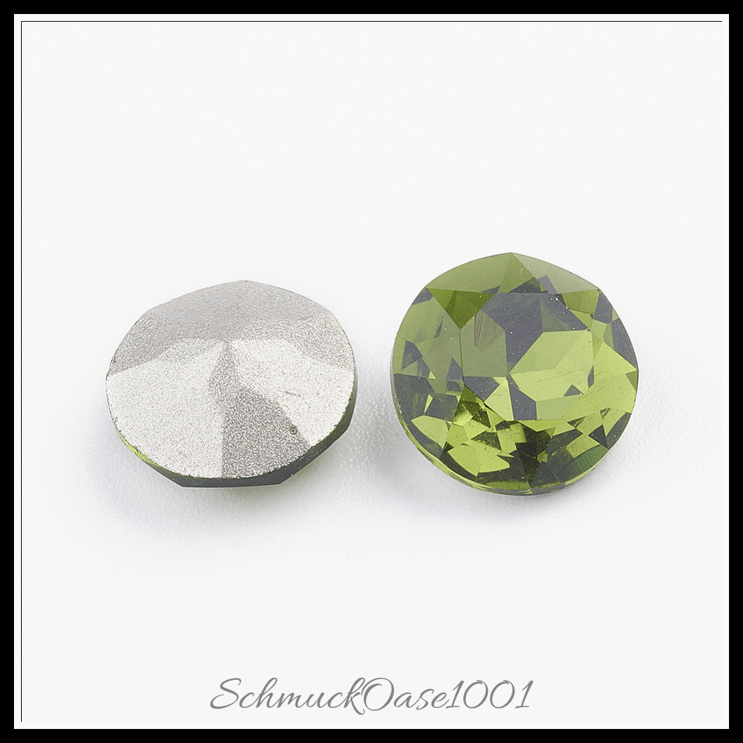 K9 glasrhinestone cabochons – klasse a – facettiert – flachrund – farbig – 10mm – 24 stück, aus farbig in der farbe k9 glasrhinestone, klasse a, facettiert, flachrund und größe 10x5 mm, 24 stk.