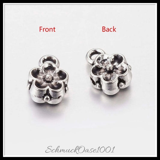 Tibetische bail beads – kleine blume / 8x6x4 mm / 30 stück, in der farbe antik silber