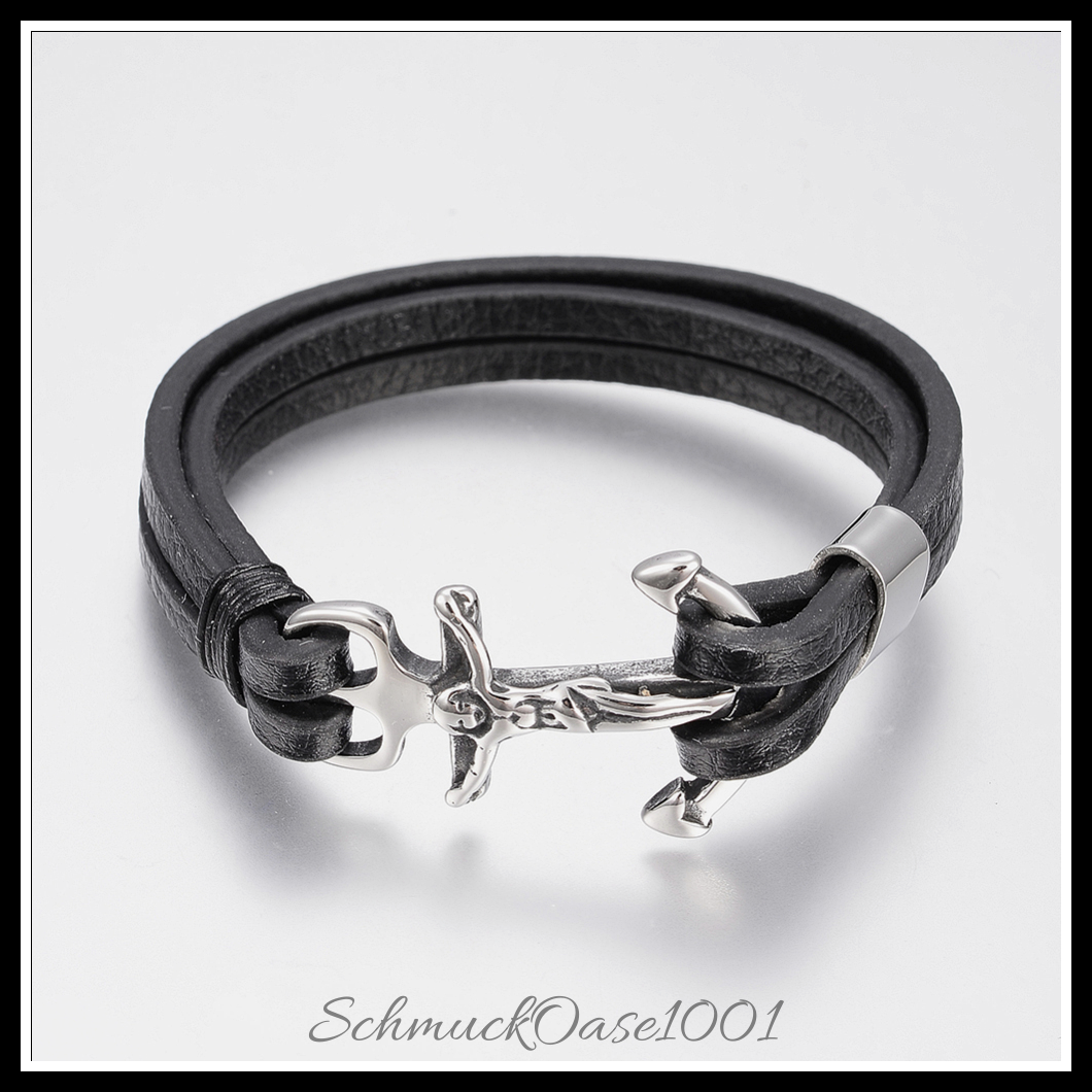 Mehrstrang lederarmband mit edelstahl-ankerverschluss in den farben mehrstrang-leder, herrenschnur, 304 edelstahl, ankerverschluss