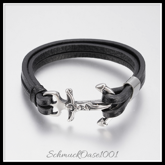 Mehrstrang lederarmband mit edelstahl-ankerverschluss in den farben mehrstrang-leder, herrenschnur, 304 edelstahl, ankerverschluss