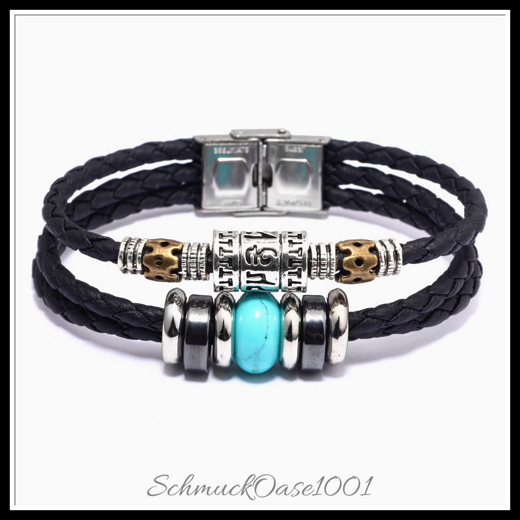 Lederarmband mit edelstein & hämatit – multi-strang stil-8-1/8 zoll (20.5 cm), 13 mm, in der farbe leder, multi-strang, malachit, synthetischer hämatit, edelstahlverschluss