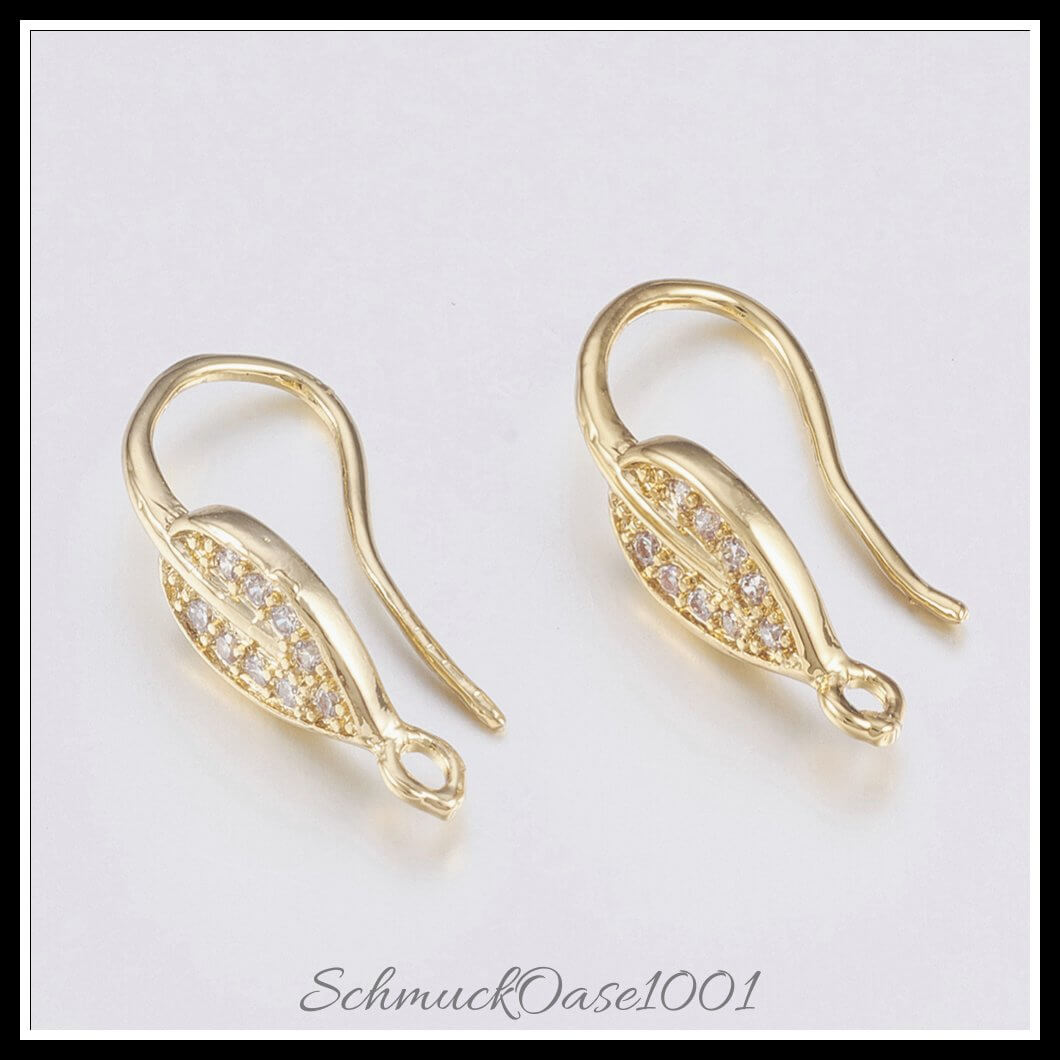 Messing ohrringhaken – zirkonia blatt / 21x6 mm – 1 paar, zusätzliches detailbild