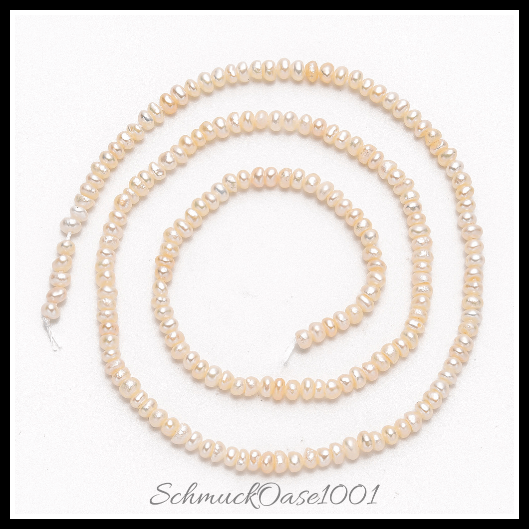 Kultivierte süßwasserperlen stränge – creme-weiß, 2–4 mm (1 strang), aus natürliche süßwasserperlen / zwei seiten poliert in der farbe creme-weiß und größe 2–3 mm, bohrung: 0.8 mm, ca. 190–200 stk./strang