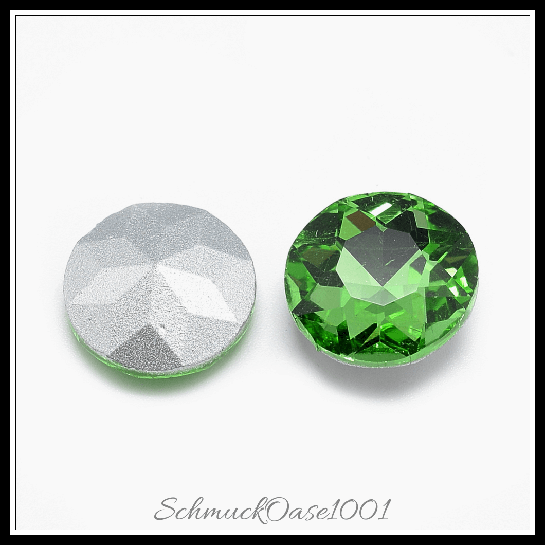 Similistein glas strass cabochons – facettiert – flachrund – blaugrün – 14mm – 40 stück, aus blaugrün in der farbe glas strass, similistein, zurück vernickelt, facettiert, flachrund und größe 14x5.8 mm, 40 stk.