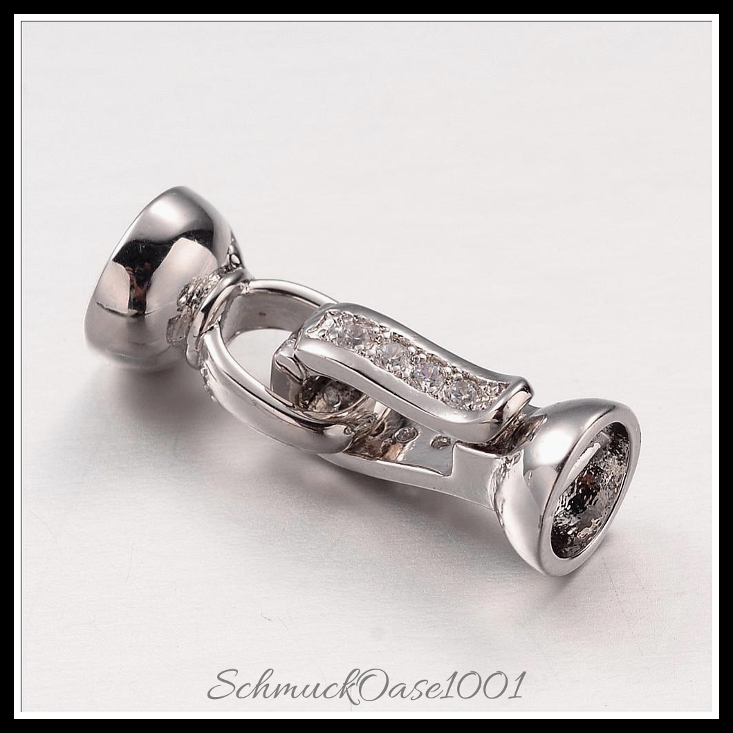 Messing klammern mit mikro-pflastern zirkonia, platin farbe – 2 stk., in der farbe messing, klammern, mikro-pflastern, zirkonia, platiniert, perfekt für die herstellung individueller ketten und armbänder