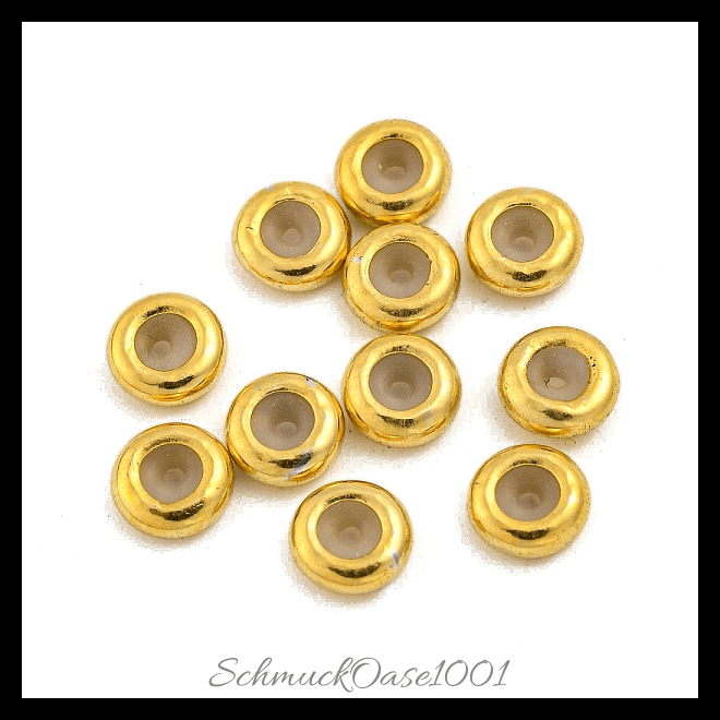 925 sterling silber schieberegler perlen mit gummi – verschiedene farben (10 stk.), aus 925 sterling silber / mit gummi / rondell / schieberegler in der farbe echt 18k vergoldet und größe 5x2 mm, bohrung: 1 mm