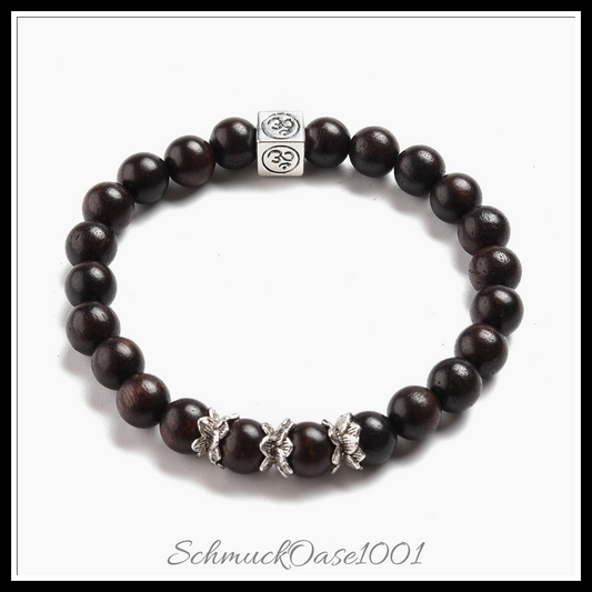 Yoga-thema naturholzperlen stretch armband – würfel mit ohm – 5.5 cm – 1 stk. in den farben naturholz, tibetische stil legierung, mit perlen, stretchband