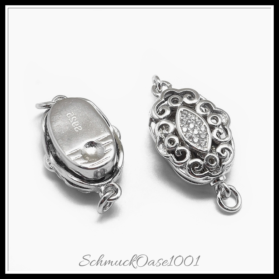 925 sterling silber bajonettverschluss, geschnitzt, mit zirkonia, oval, platin farbe – 1 stk., perfekt für die herstellung individueller ketten und armbänder