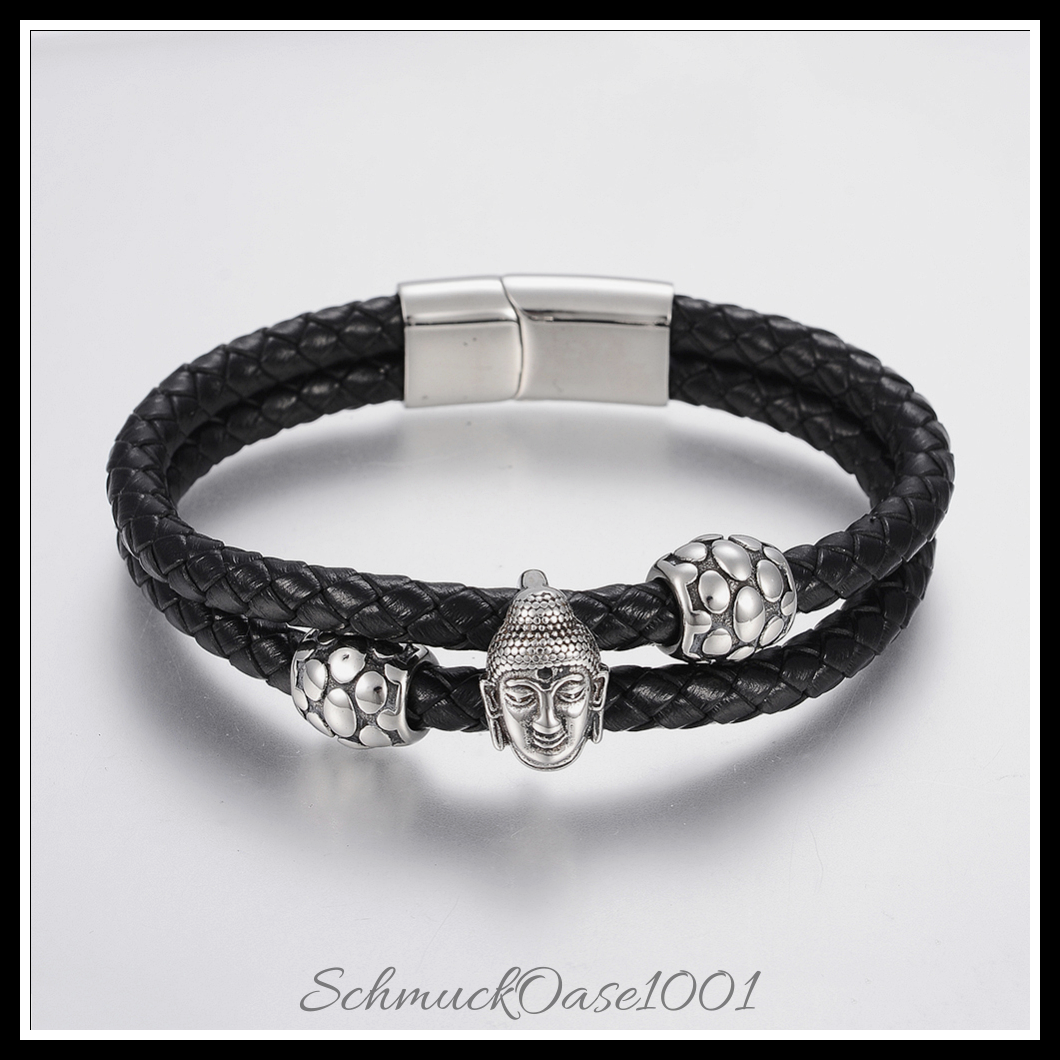 Buddha lederarmband – geflochten mit edelstahlperlen & magnetverschluss in den farben braided lederband, multi-strang, 304 edelstahl, perlen, magnetverschluss