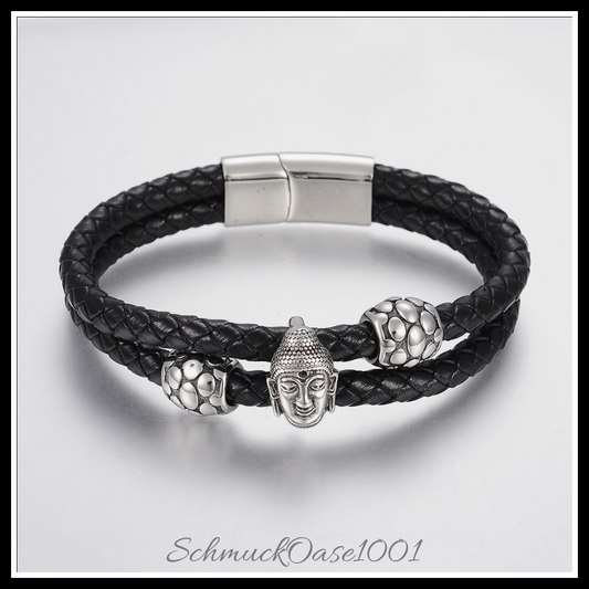 Buddha lederarmband – geflochten mit edelstahlperlen & magnetverschluss in den farben braided lederband, multi-strang, 304 edelstahl, perlen, magnetverschluss