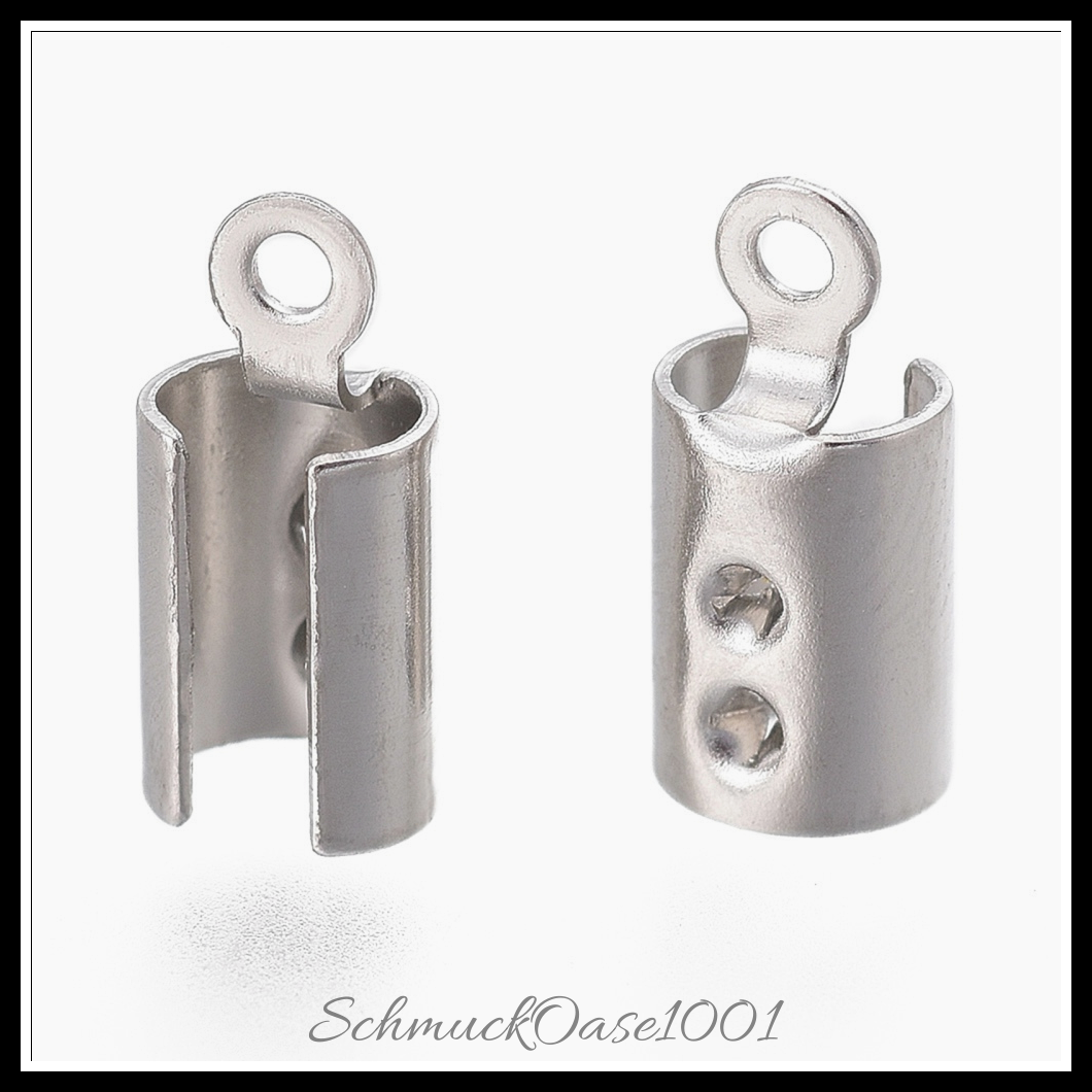 304 edelstahl klapp crimp-enden, edelstahl farbe, 15 stk., aus edelstahl farbe in der farbe 304 edelstahl und größe 9.5x4.5 mm, bohrung: 1 mm, perfekt für die herstellung individueller ketten und armbänder