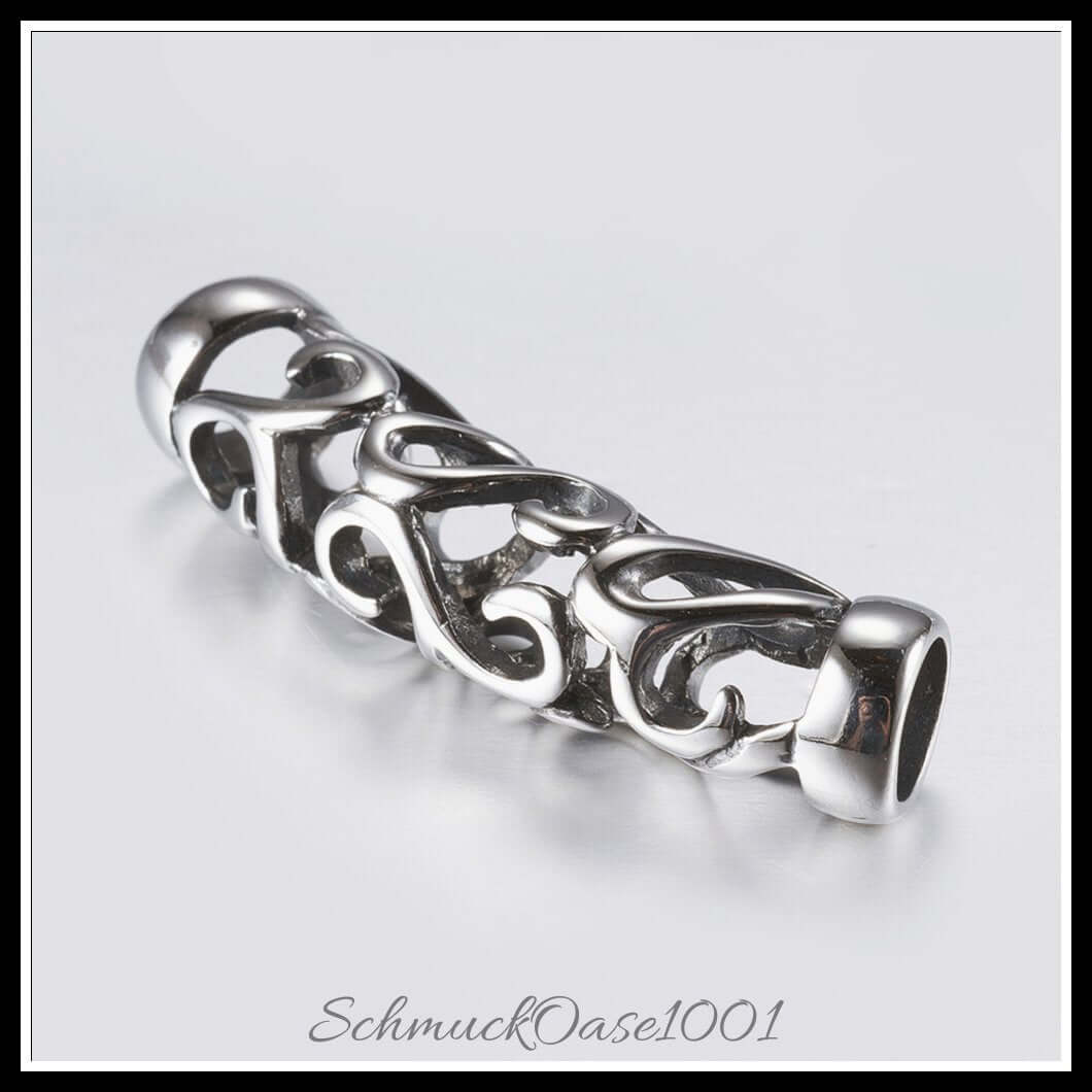 Edelstahlrohrperlen – gebogen / 40.5x9–9.5 mm / 2 stück, aus edelstahl 304 / gebogen, hohl, antik silber in der farbe antik silber und größe 40.5x9–9.5 mm, loch: 6.5–7 mm / 2 st.