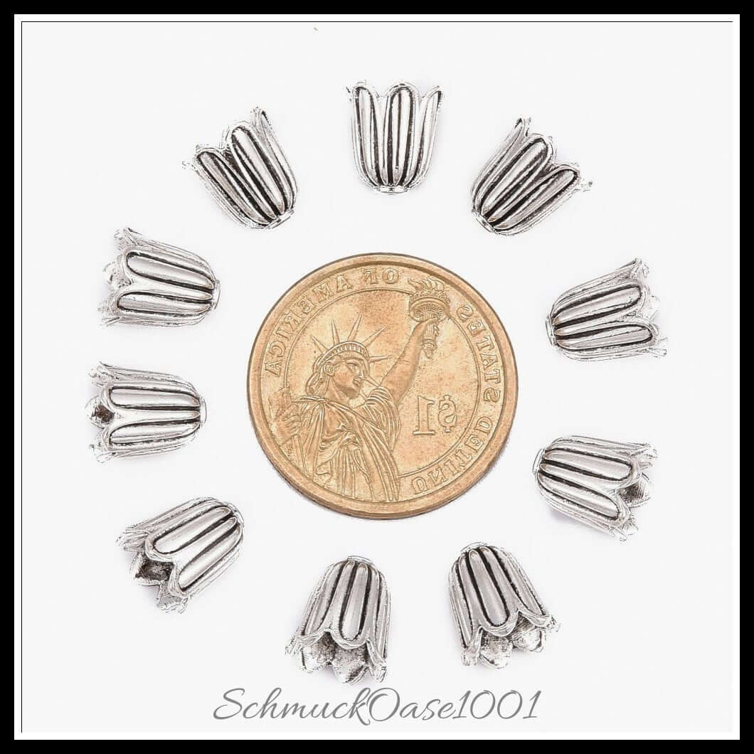 Tibetische perlenkappen – blume / 10x10 mm – 20 stück, zusätzliches detailbild, perfekt für die herstellung individueller ketten und armbänder