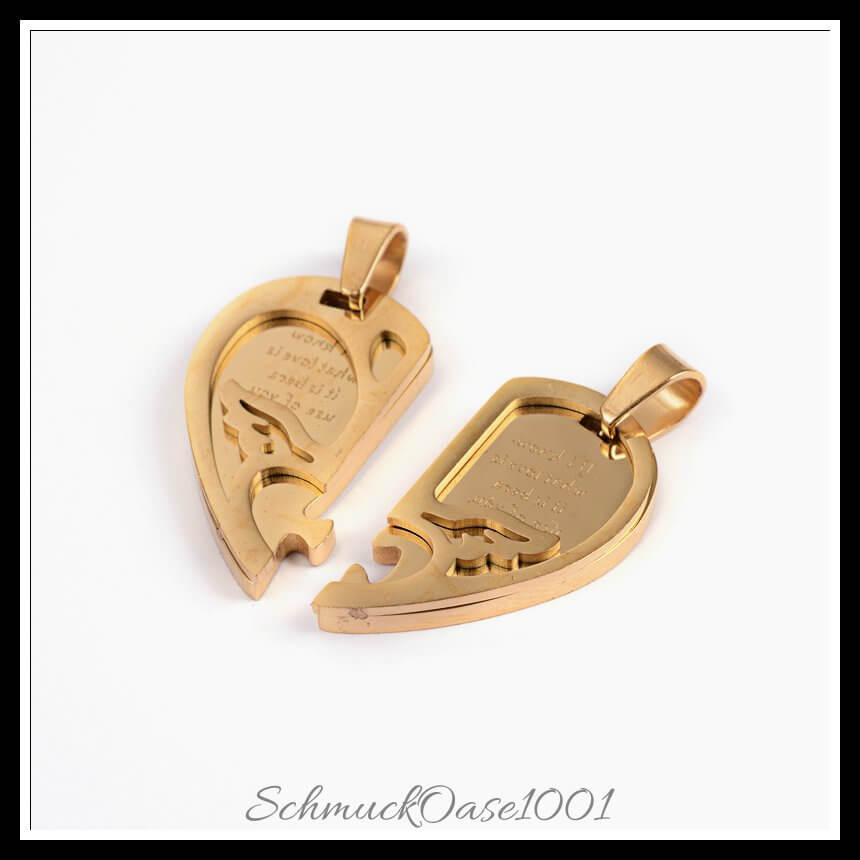 Split edelstahl anhänger – herz „i love you“ – 25x28x3 mm / 1 set, aus edelstahl 304 / herz, paar, i love you in der farbe gold und größe 25x28x3 mm, loch: 7x4 mm / 1 set