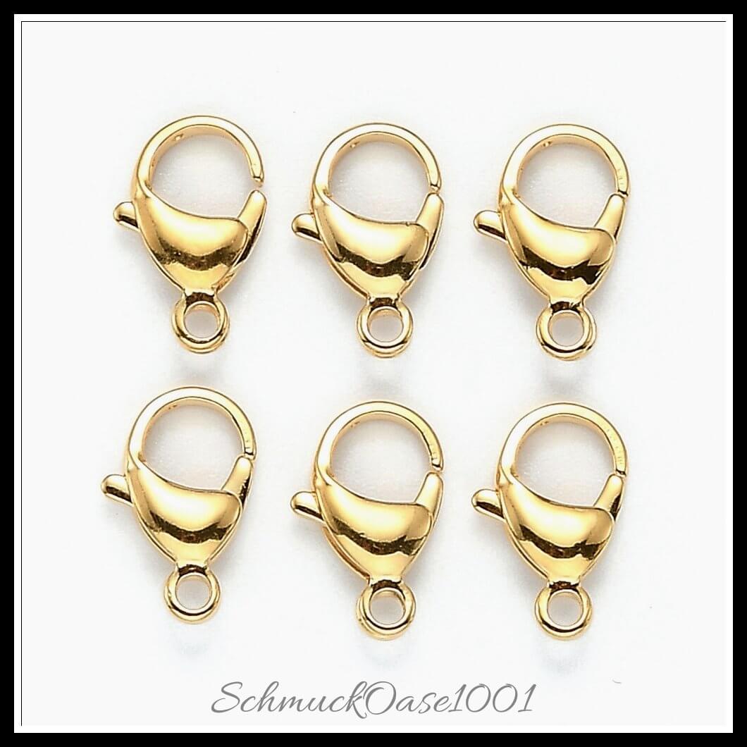 2-farbige edelstahl karabiner – 16x10.5x4.7 mm / 24 stück (gemischt), aus edelstahl 304 / karabiner, 2-farbig, vergoldet in der farbe gold & edelstahl farbe und größe 16x10.5x4.7 mm, loch: 2.2 mm / 12 stück je farbe, perfekt für die herstellung individueller ketten und armbänder
