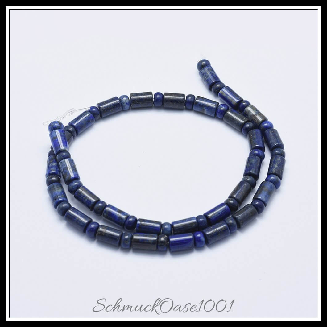 Naturperlenstrang lapislazuli – kolumne & flachrund / 9x6 mm & 6x3.5 mm / 1 strang, aus naturstein / lapislazuli, gefärbt, kolumne, flachrund in der farbe dunkelblau und größe 15.94" (40.5 cm), ca. 31 stück / loch: 1 mm / 1 strang, ausdrucksstark und ideal für auffällige designs