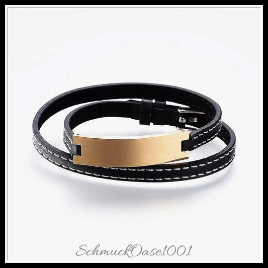 Lederarmband mit edelstahl-tag – 14.6x3.7 cm / 1 stück, in der farbe gold