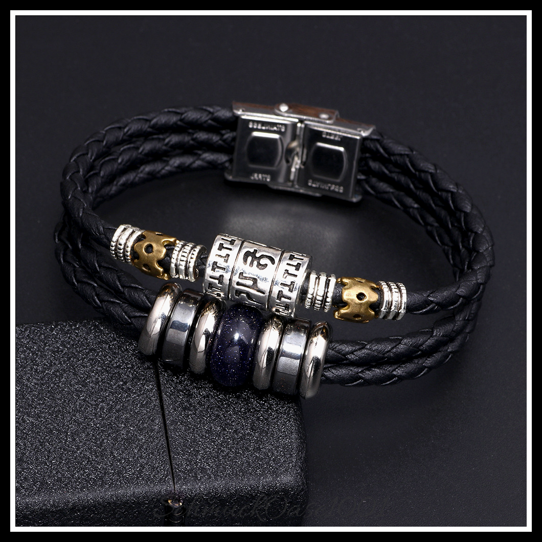 Lederarmband mit edelstein & hämatit – multi-strang stil-8-1/8 zoll (20.5 cm), 13 mm, aus mischfarbe in der farbe leder, multi-strang, verschiedene edelsteine, synthetischer hämatit, edelstahlverschluss und größe 8-1/8 zoll (20.5 cm), 13 mm