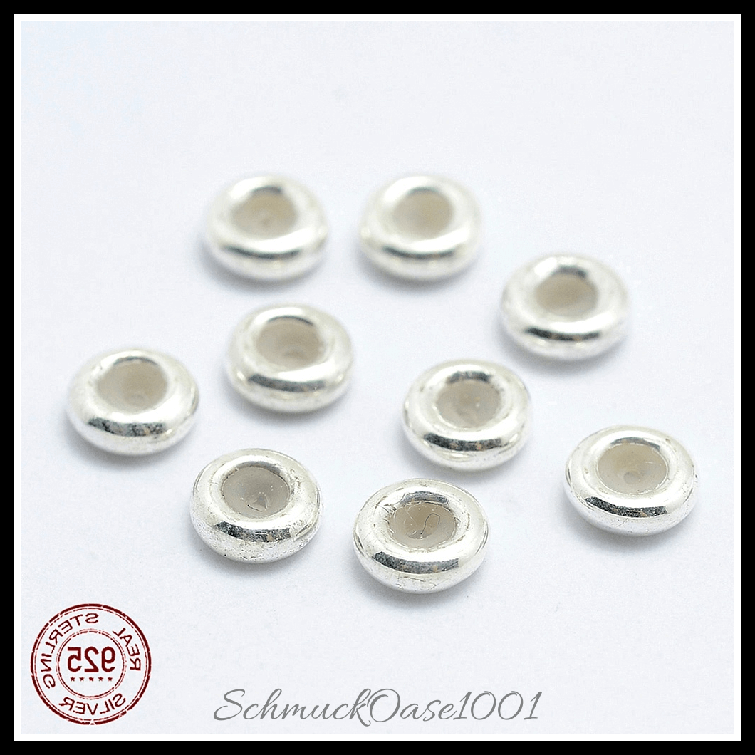 925 sterling silber schieberegler perlen mit gummi – verschiedene farben (10 stk.), aus 925 sterling silber / mit gummi / rondell / schieberegler in der farbe echt 18k vergoldet und größe 5x2 mm, bohrung: 1 mm