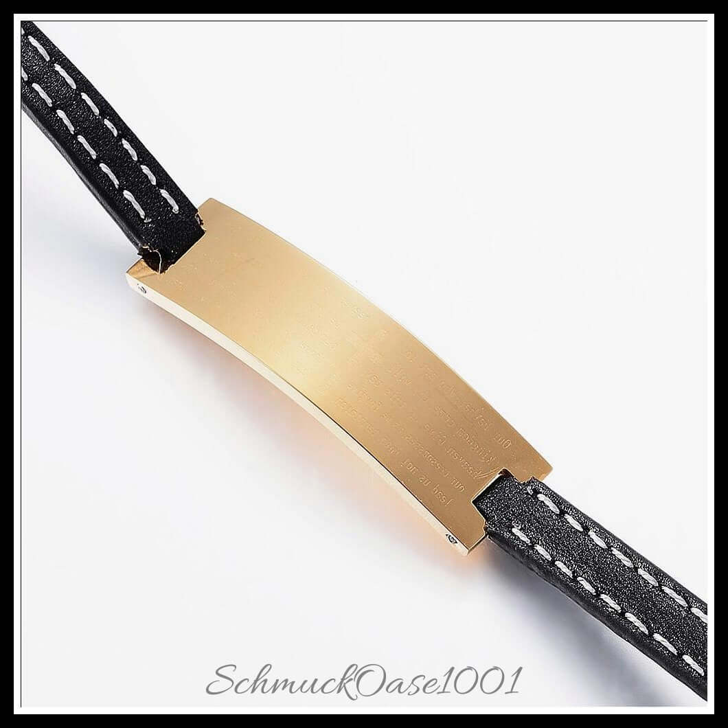 Lederarmband mit edelstahl-tag – 14.6x3.7 cm / 1 stück, aus leder / edelstahl, stempelbar, leerer tag in der farbe gold und größe 14.6x3.7 cm / 1 st.